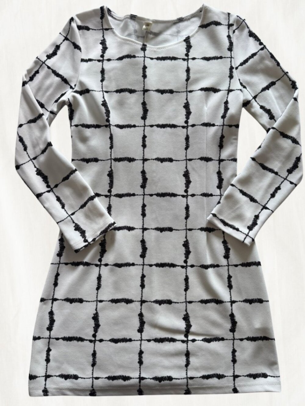 White Mini Dress with Black Grid Pattern (Unknown Brand)